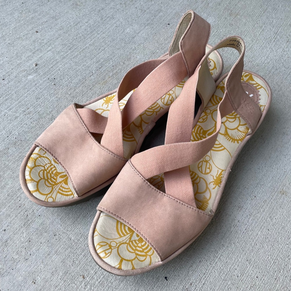 FLY London Rale Gored Cross-Band Leather Wedges In Nude Pink 41 / 10-10.5 womens - Picture 3 of 12